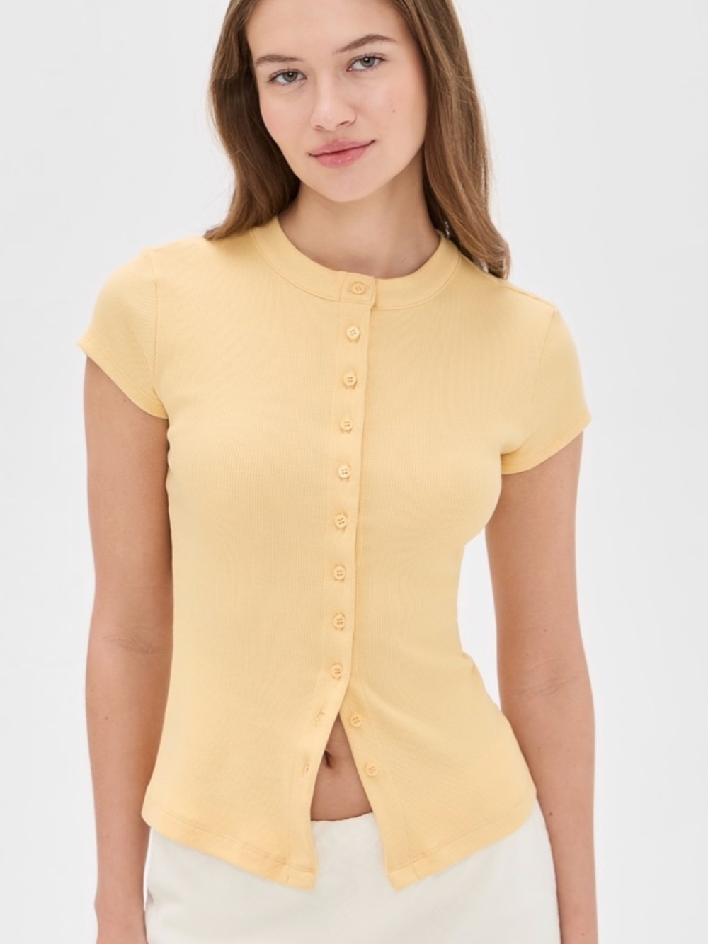 NWT Current / Elliot Yellow Button Up Tee Cap Sleeved Ribbed Modal Top - Picture 2 of 6